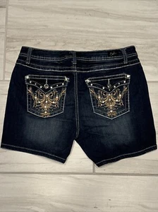 Earl Jean shorts women 8 denim embroidered bling Buttons Modest Stretch - Picture 1 of 5