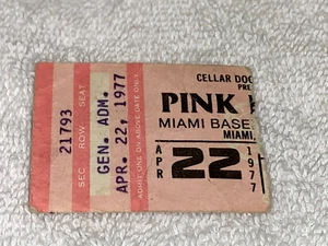 Talón de boleto Pink Floyd 1977 Miami Florida Roger Waters David Gilmour Efímero EE. UU. - Imagen 1 de 5