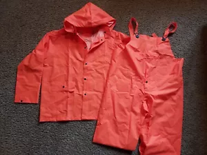 PVC Bib Overall Pants Coat Rain Set Blaze Orange Mens Large Bib Elastic is Worn  - Picture 1 of 19