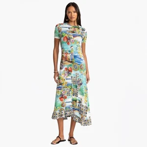 Johnny Was Janie Christy Asymmetric Hem Short Sleeve Dress Floral Green Blue NEW - Picture 1 of 10