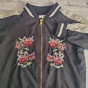 Fabkids Jacket Girls Size Medium Black Floral Embroidered Full Zip Lightweight 6 - Picture 1 of 8