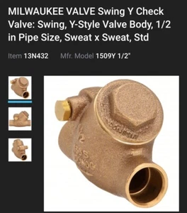 Check Valve Bronze,Milwaukee Swing Y-Valve 1509Y 1/2 1/2" Solder Type(Bin #17) - Picture 1 of 6