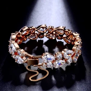18k Rose Gold Plated Tennis Bracelet made w Swarovski Crystal Bridal Jewel 7.5” - Picture 1 of 12