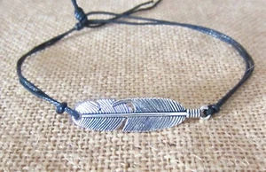BRACELET FEATHER CHARM BLACK COTTON CORD ROPE ADJUST ANKLET BOHO SURF MENS WOMEN - Picture 1 of 2