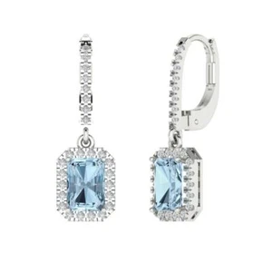 Pendientes colgantes colgantes de halo de corte esmeralda de 5,8 quilates de oro blanco macizo con palanca trasera - Imagen 1 de 40