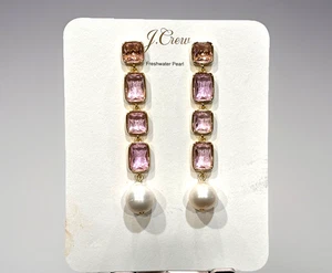 J. Crew Light Pink Crystal Rhinestone Drop Dangle Earrings w/ Freshwater Pearls - Picture 1 of 8