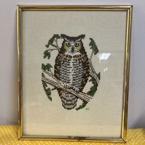 Vintage Embroidered HootOwl On Branch Glass Framed Art 9”x 11” MCM 1987 Leaves - Picture 1 of 11