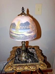 Vintage Lamp with Reverse painted Glass Shade Trees Lake - Picture 1 of 23