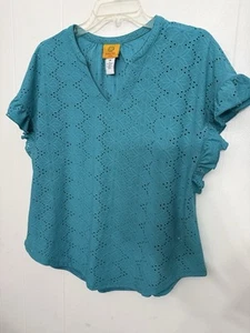 Ruby Rd M Green Eyelet Stretchy Knit Top Short Sleeve  - Picture 1 of 5