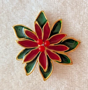 Prendedor de pascua vintage Navidad esmalte rojo y verde tono dorado detalles de metal con cuentas - Imagen 1 de 2