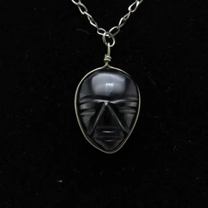 Black Onyx Mexican Styled Carved Face Wire Wrapped Silvertone Necklace - Picture 1 of 12