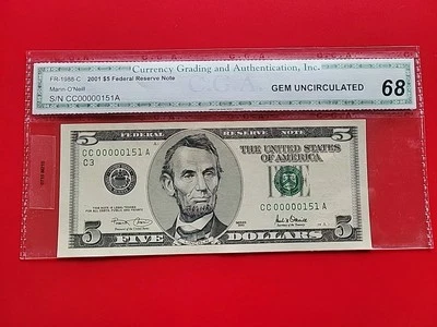 2001 $5 FEDERAL RESERVE NOTE, 3 DIGIT CGA 68 Low Serial Number CC00000151A  - Image 1 of 4