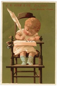 Victorian Trade Card J. N. Adam & Co Dry Goods New Haven CT Gold seggiolone per bambini - Foto 1 di 2
