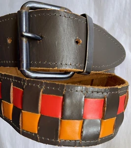 VINTAGE WIDE LEATHER WOVEN 1970'S BELT, 28" - 32.5" - Picture 1 of 12