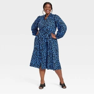 Ava & Viv Blue Polka Dot Balloon Sleeve Belted Shirtdress Size 1X - Picture 1 of 6