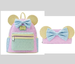 LE Loungefly Minnie Mouse Pastel Sequin Mini Backpack & Zip Around Wallet - Picture 1 of 14