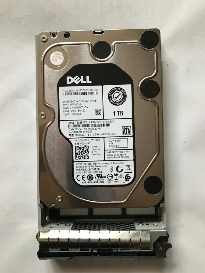 HNWHH Dell EMC 1TB HDD 7.2K RPM 3.5" SATA HITACHI HUS722T1TALA600 R720 R520 T420 - Image 1 of 1