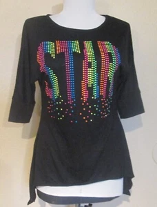 Bongo Girls Black STAR embellished T-shirt Sharkbite hem Large poly/rayon ~ NICE - Picture 1 of 4
