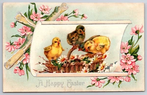 A639 Vintage Postcard Embossed Easter German Greeting Card Chicks Basket Flowers - Picture 1 of 2