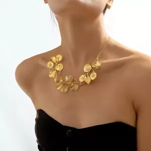 GOLD CHOKER BIB NECKLACE Fall Leaves 24K Gold Plated Slider Adjustable Chain. - Picture 1 of 8