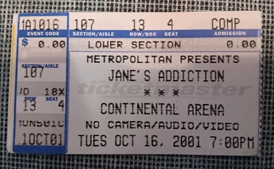 Jane's Addiction & Live Concert Ticket Stub Oct 16 2001 Continental Arena NJ - Image 1 of 2