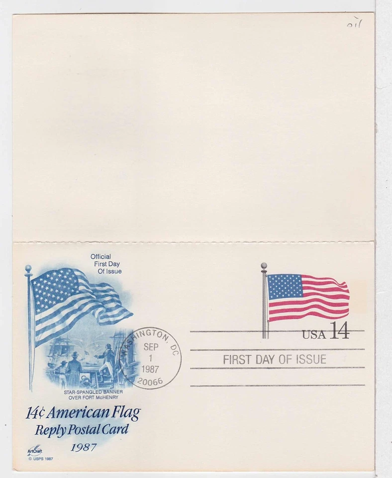 TurtlesTradingPost- American Flag- Postal Reply Card 1987 #UY38 FDC Artcraft - Image 1 of 1