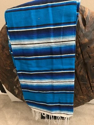 Serape blanket Blue On Blue with White stripes with white Fringe XL - Image 1 of 4