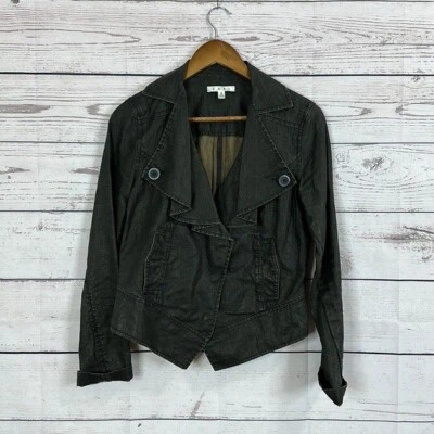Cabi 901 Jacket Womens Small Black Gray Waxed Linen Moto Ruffle Grunge Goth - Image 1 of 4