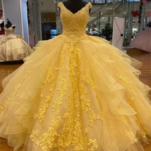Yellow Quinceanera Dresses Ruffles Princess Sweet 16 Party Ball Gown with Bow - Picture 1 of 11