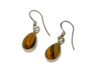 Pair of Sterling Silver Tigers Eye Peardrop Cabochon Hook Earrings Vintage c1970 - Image 1 of 4