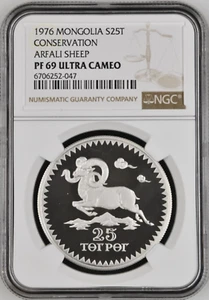 1976 Mongolia Silver 25 Togrog - Conservation Arfali Sheep - NGC PF 69 UC - Picture 1 of 4