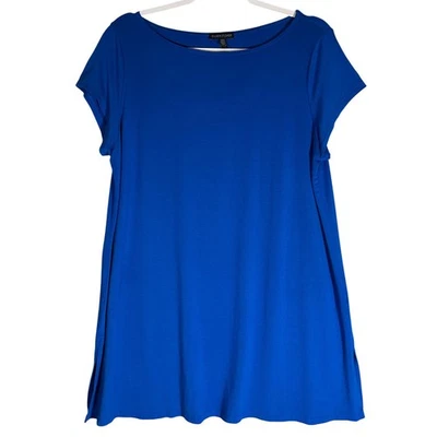 Eileen Fisher Cap Sleeve Tunic Top Sz L Cobalt Blue Boat Neck Viscose Stretch - Image 1 of 4