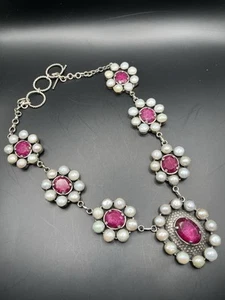 STERLING SILVER NATURAL RUBY & PEARL MADE IN INDIA NECKLACE ADJUSTABLE - Picture 1 of 8