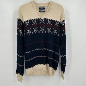 Men Fair Isle Sweater Size L Fair Ski Lodge Knit V Neck Vintage Winter Old Money - Picture 1 of 6