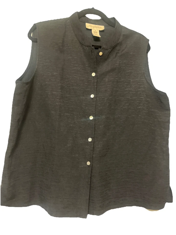 Blusa sin mangas Easy Spirit vintage mezcla de lino seda botones abulón negro Foto 1 de 4