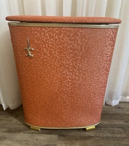 Vintage Laundry Hamper Basket Orange Hard Flip Top Retro MCM Atomic Hawkeye - Picture 1 of 21