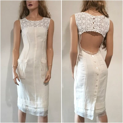 🆓US🛃 SS2006 Dolce & Gabbana Vestido Lino Espalda Abierta Marfil Beige IT 38 Foto 1 de 4