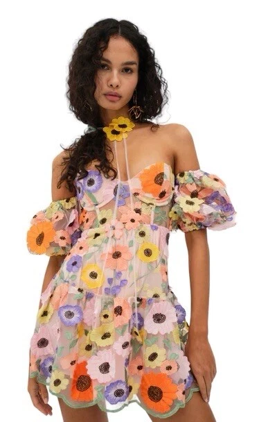 38 Sunday Pull For Love & Lemons Prato Mini Dress Floral Embroidered Size S 8 - Image 1 of 4