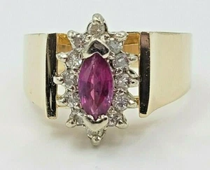 14KT Yellow Gold* Marquise Cut Pink Topaz and Diamonds Ring Size 6 US - Picture 1 of 7
