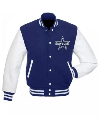Chaqueta Letterman Dallas Cowboys Cuerpo Azul Real Cuero Blanco Chaqueta Universitaria Foto 1 de 4