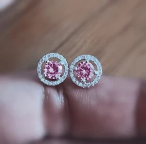 4 Ct Pink Lab Created Diamond Studs With Accents VVS1 Certified Christmas Gift - Picture 1 of 5