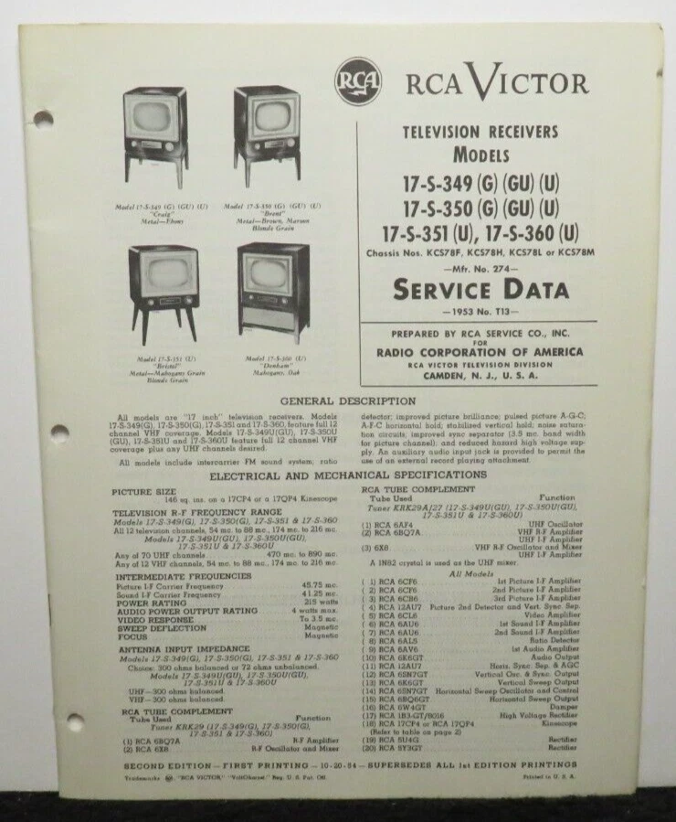 RCA VICTOR TELEVISION SERVICE DATA 1953 T13 17-S-349 -350 -351 G U GU KCS78F H L - Image 1 of 1