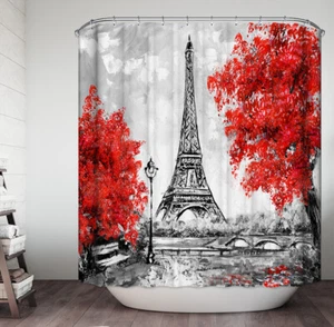 Eiffel Tower Red Flower Trees Fabric Shower Curtain 70" Paris France - Picture 1 of 1