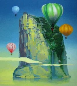 PINTURA AL ÓLEO GLOBO SURREALISTA MAÑANA EN LA ISLA VITAUTAS LAISONAS ORIGINAL - Imagen 1 de 1