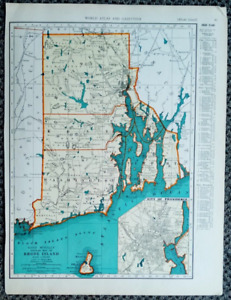 L@@K! Vintage 1940 World Atlas Map Rhode Island & South Carolina WWII Providence