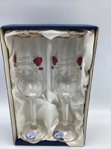 Vintage Bohemia Crystal Czech Wine Glass "Happy Anniversary" Boxed Flowers New - Picture 1 of 3