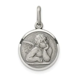 Ciondolo medaglia rotonda angelo in argento sterling 925 satinato e lucido 0,79 pollici - Foto 1 di 4