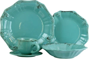 Scalloped round Stoneware Elegant Dinnerware Dish Set, 20 Piece, Turquoise - Picture 1 of 5