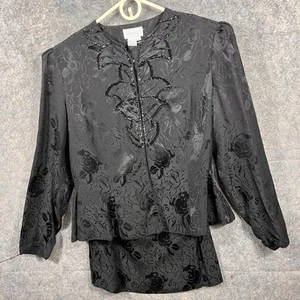 VTG Silk Studio 100% Silk Black Jacket & Skirt with Sequin Floral design Sz 14 - Picture 1 of 12