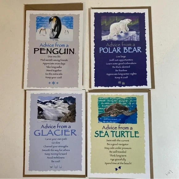 Juego de 4 cartas Consejos de un oso polar, tortuga marina, glaciar, pingüino, 1 de cada una Foto 1 de 4